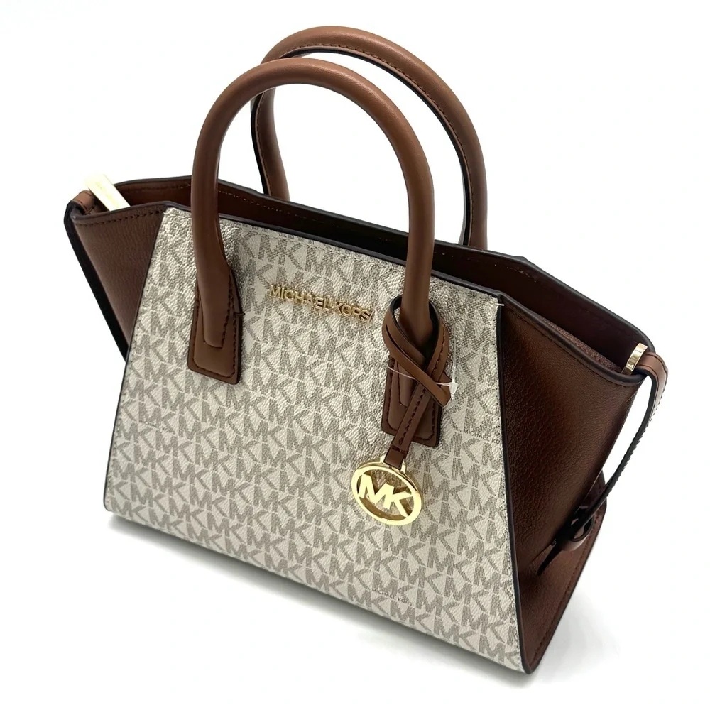 Michael Kors Avril Small Logo and Leather Satchel Bag Vanilla/Brown